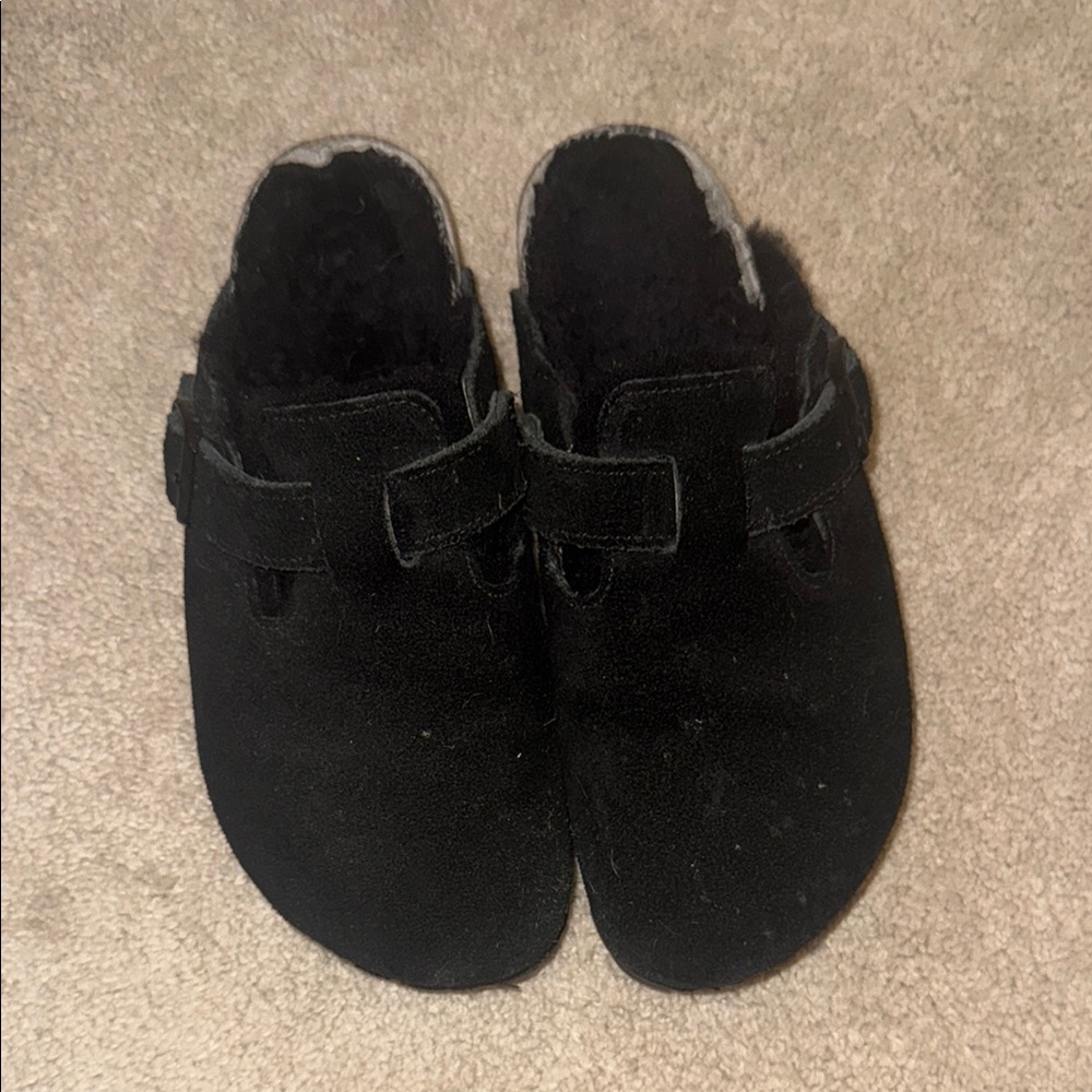 Black Suede Slip-On Birkenstocks with fur